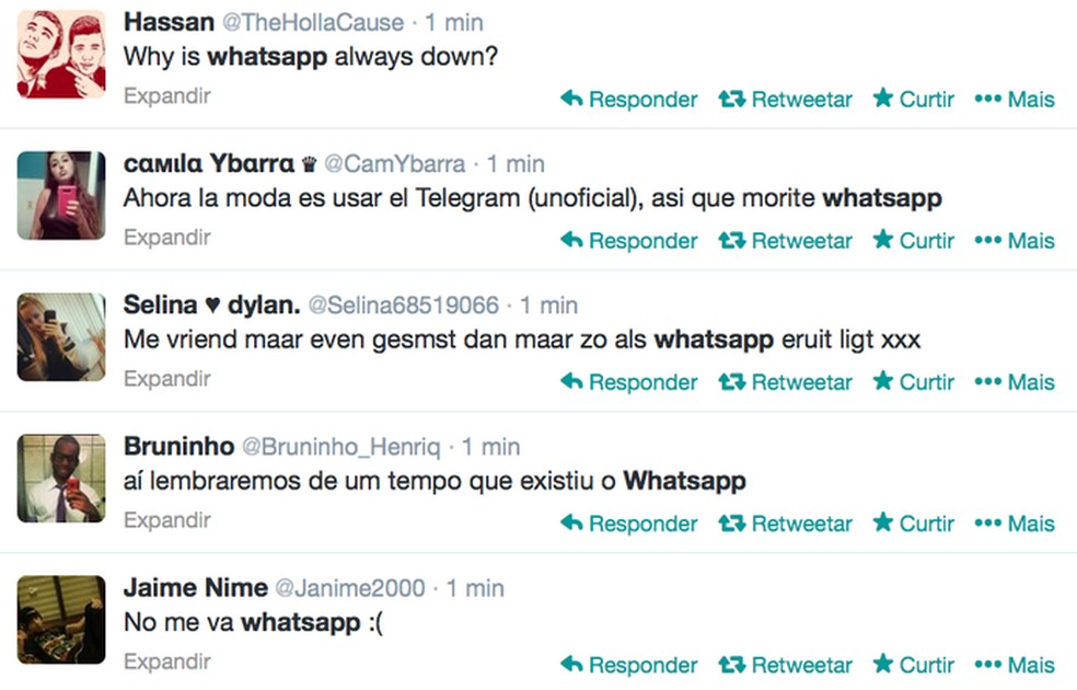 Usuários de todo o mundo reclamam no Twitter sobre a queda do Whatsapp (Foto: Reprodução / TechTudo) — Foto: TechTudo