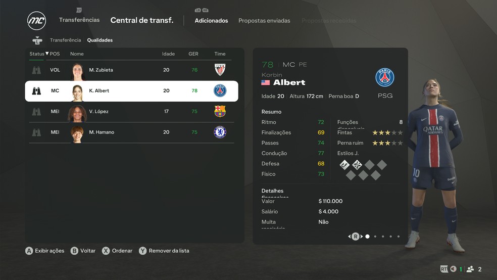 Korbin Albert, do Paris Saint-Germain, no Modo Carreira do EA FC 25 — Foto: Reprodução/Luccas Melo