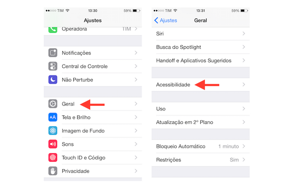 Acessando as configurações de acessibilidade do iOS (Foto: Reprodução/Marvin Costa) — Foto: TechTudo