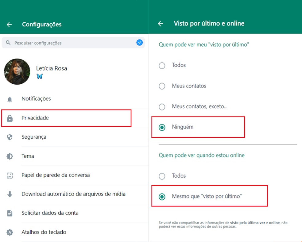 Como desativar o status "online" no WhatsApp Web — Foto: Reprodução/Letícia Rosa