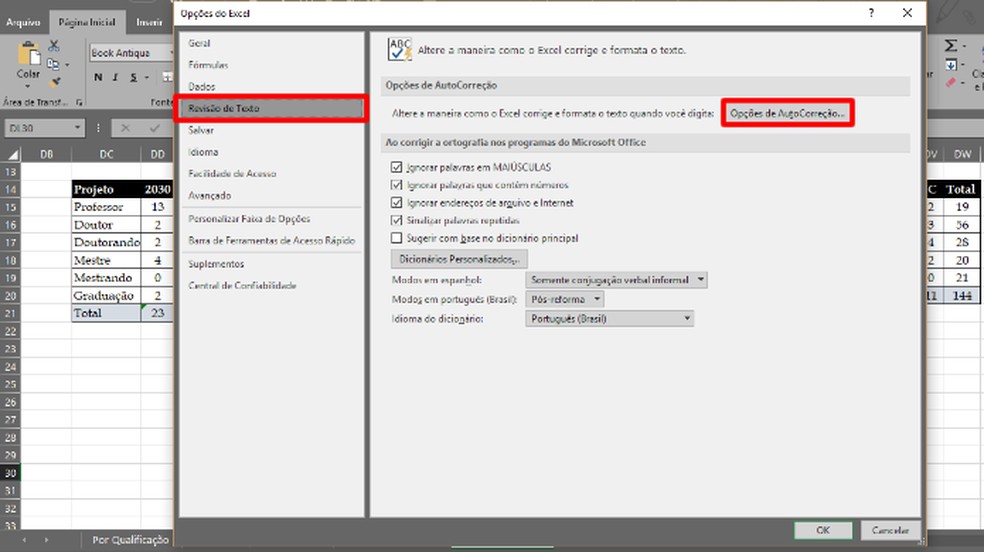 Como personalizar o recurso de AutoCorreção do Excel
