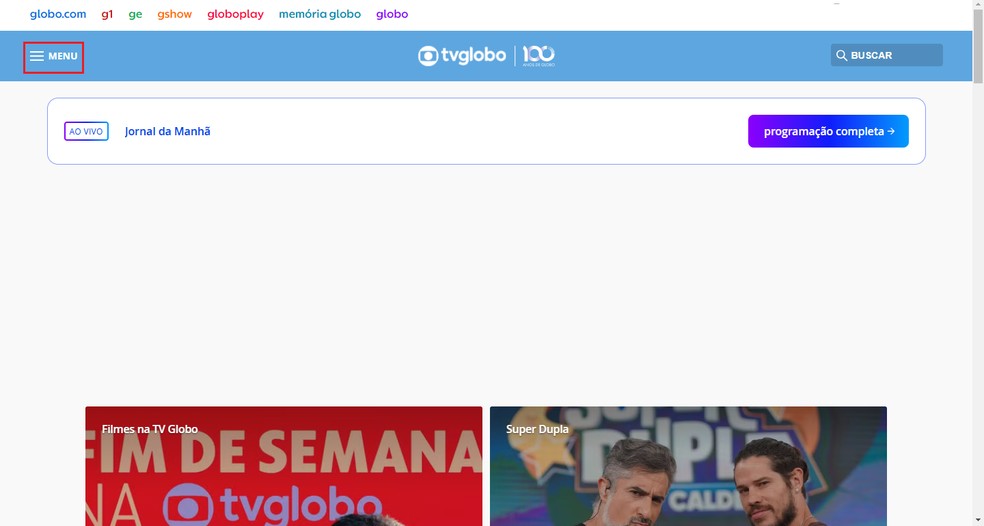 Acesse a página inicial do site da Rede Globo — Foto: Reprodução/Gabriel Pereira
