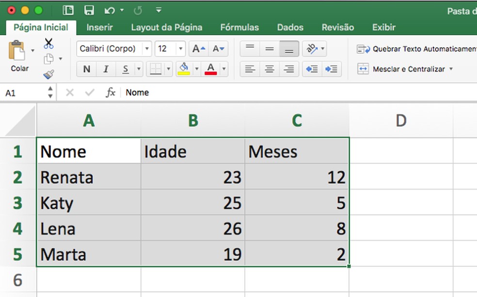 Selecione a tabela no Excel — Foto: Reprodução/André Sugai