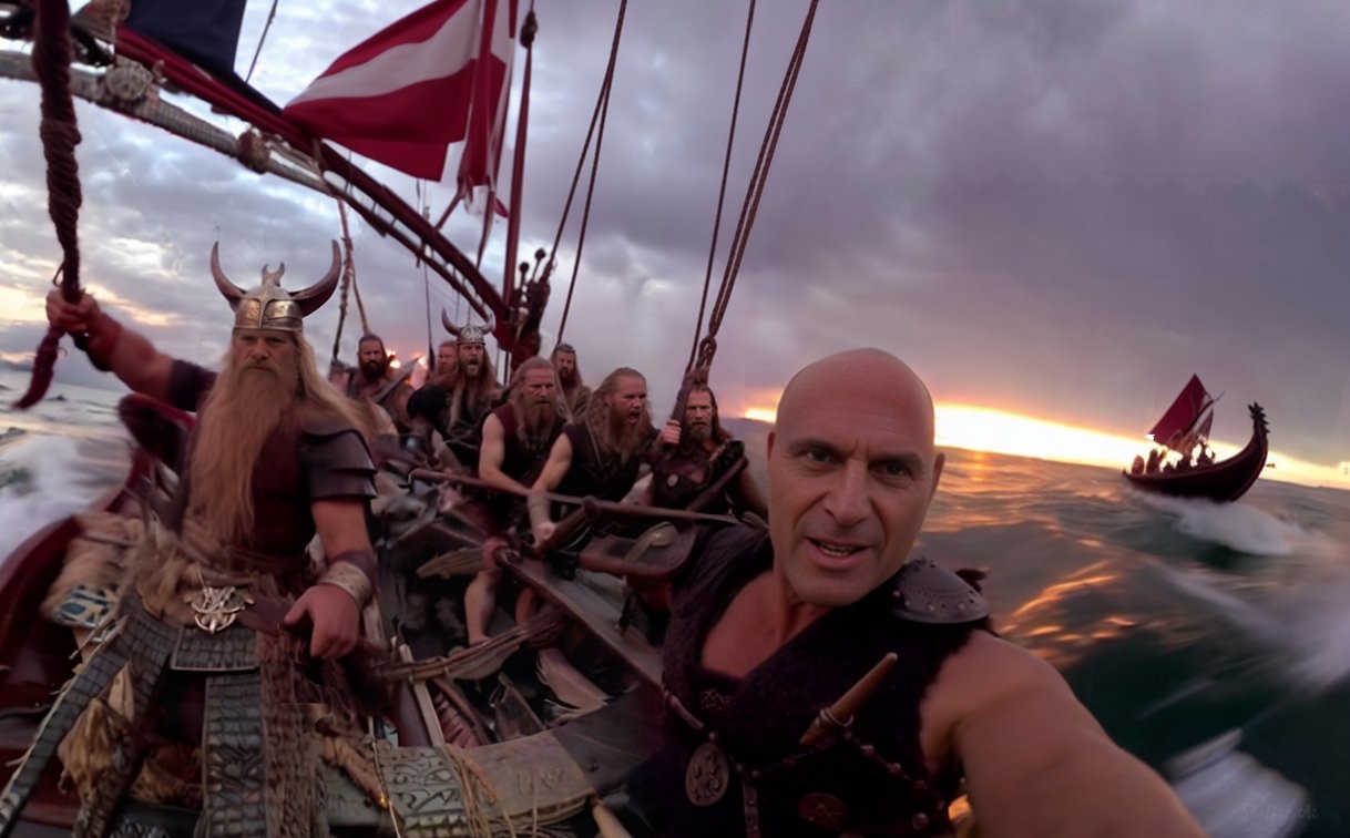 Nesta foto, o viajante temporal é o único careca entre os Vikings — Foto: Reprodução/Twitter