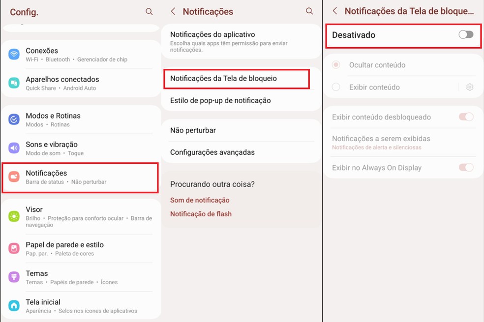 Caminho para desativar notificações na tela de bloqueio dos celulares Samsung Galaxy — Foto: Reprodução/Thawane Maria