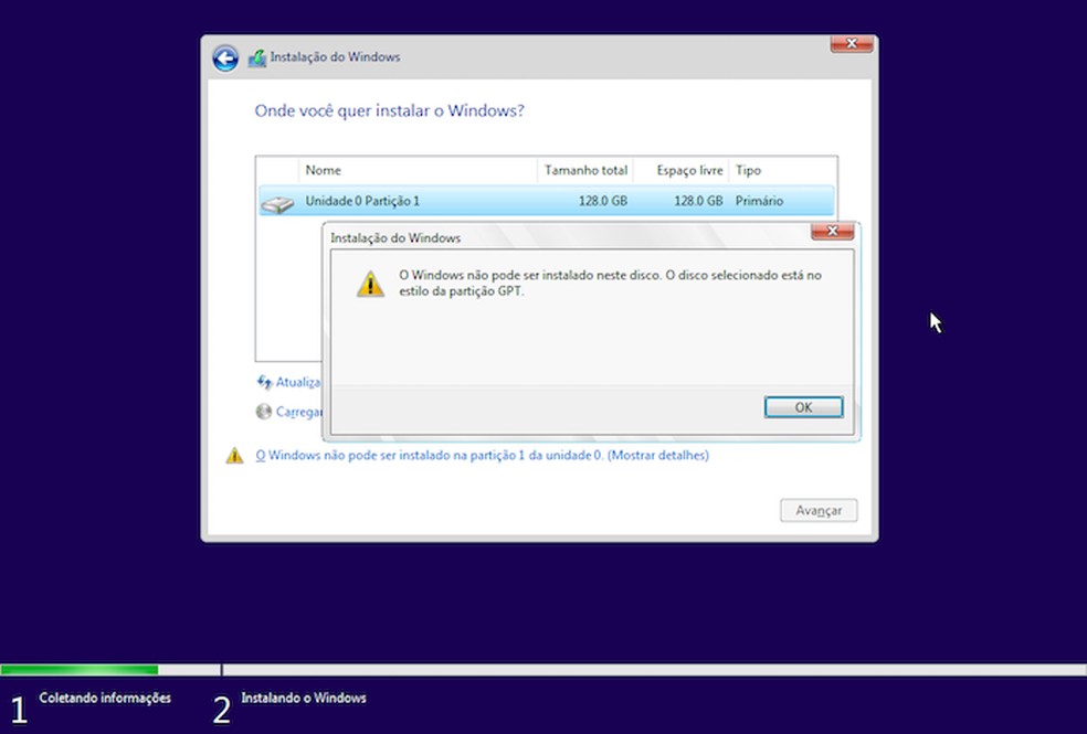 Windows não pode ser instalado em partição GPT? Veja como resolver — Foto: Reprodução/Helito Bijora