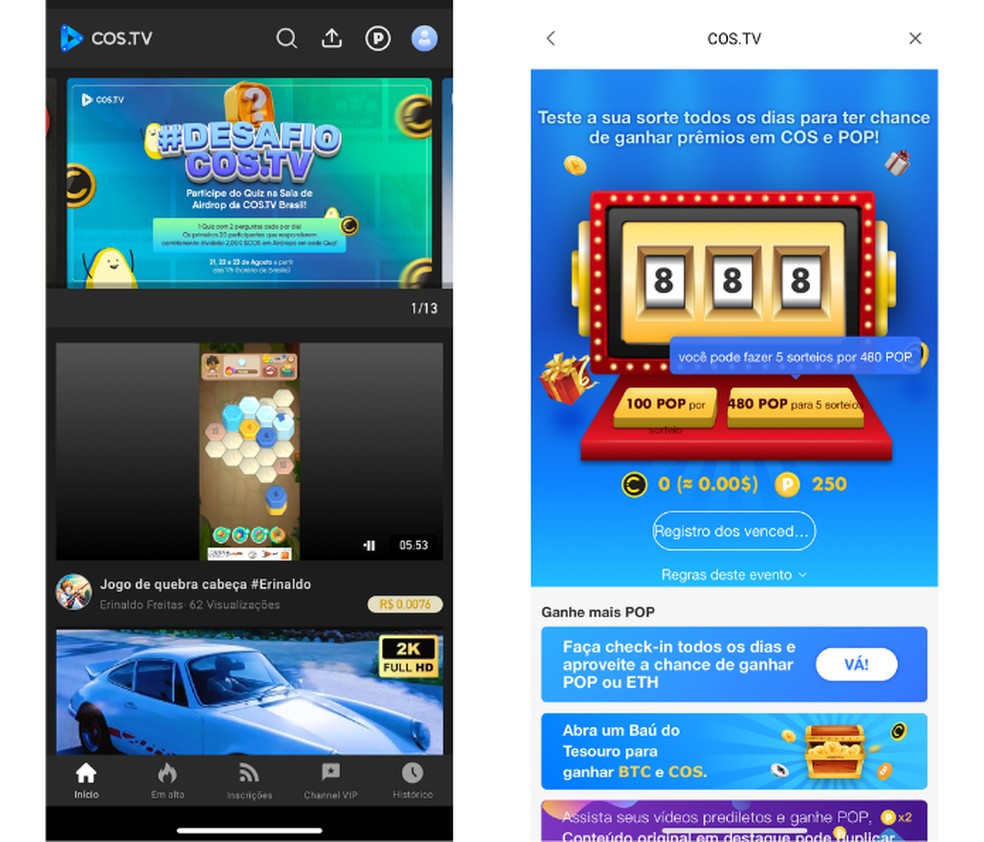 COS.TV é uma plataforma de vídeos que oferece recompensas para quem assiste aos vídeos do app — Foto: Reprodução/Mariana Tralback