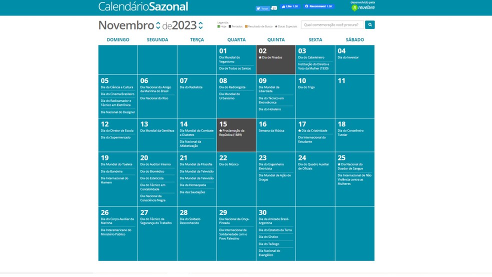 Calendário de Novembro 2023 com feriados: veja apps e sites para