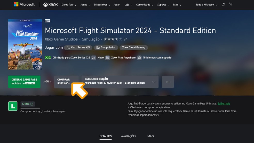 Na página de Microsoft Flight Simulator 2024 na Microsoft Store clique em "Comprar" e finalize a compra para baixar o game em seu Xbox Series X ou Xbox Series S — Foto: Reprodução/Rafael Monteiro