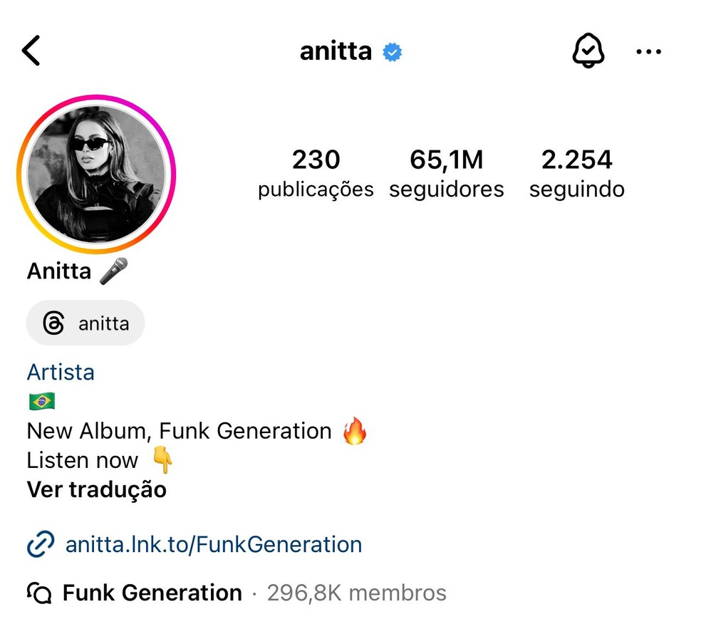 Anitta tem 65,1 milhões de seguidores e é a brasileira com mais seguidores na rede social — Foto: Reprodução/Instagram
