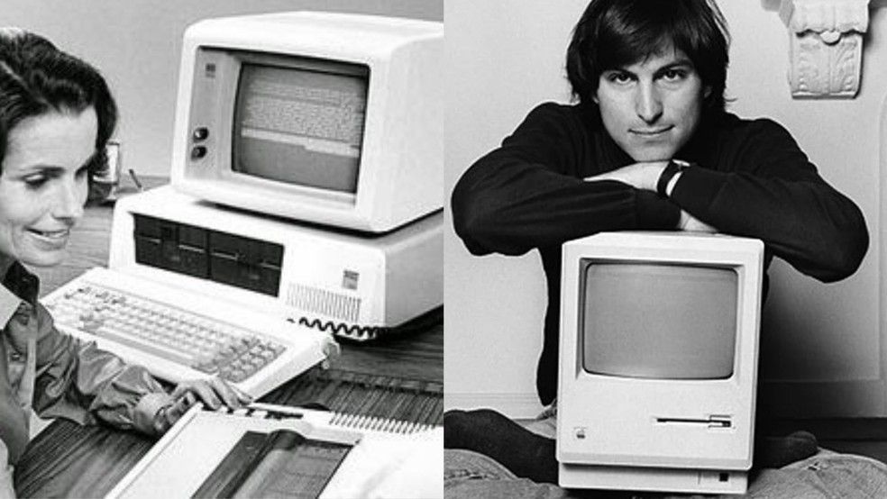 Internet nos anos 80: os computadores IBM 5150 (esquerda) e Apple Macintosh 128k (direita) fizeram sucesso comercial — Foto: Reprodução/Internet