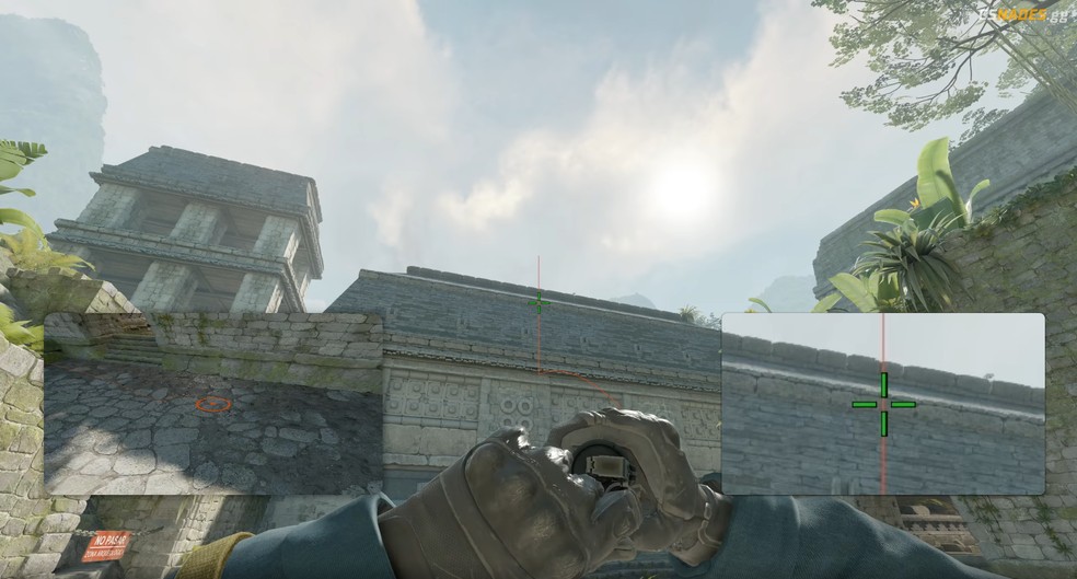 Local exato de mira para lançar a smoke e fechar a Esquina em Ancient, no Counter-Strike 2 (CS2) — Foto: Reprodução/CSnades.gg