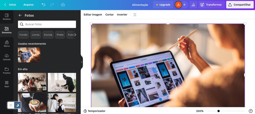 Canva Docs conta com uma galeria com centenas de imagens disponíveis para uso — Foto: Reprodução/Ana Julia Vaz