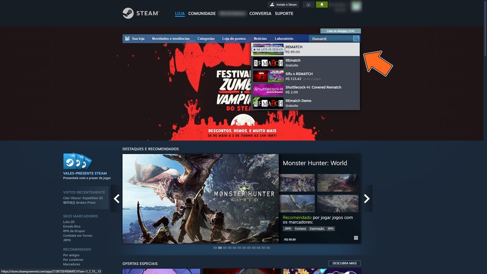 Acesse a página oficial do Steam e procure por "Rematch" para acessar a página oficial na loja — Foto: Reprodução/Bruno Magalhães
