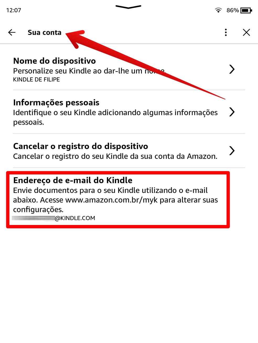 Descobindo endereço de e-mail do Kindle — Foto: Reprodução/Filipe Garrett