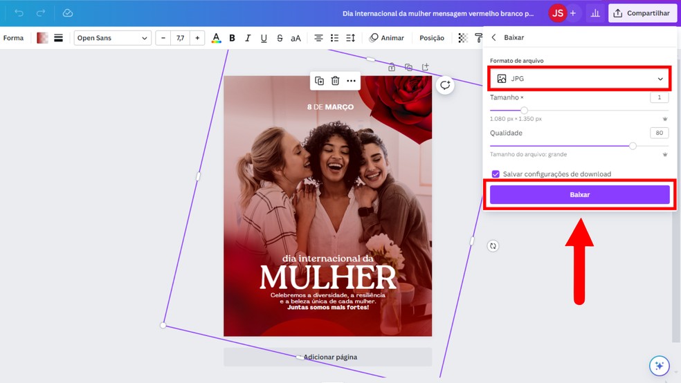 Faça o download do cartão de Dia Internacional da Mulher no Canva — Foto: Reprodução/Júlia Silveira