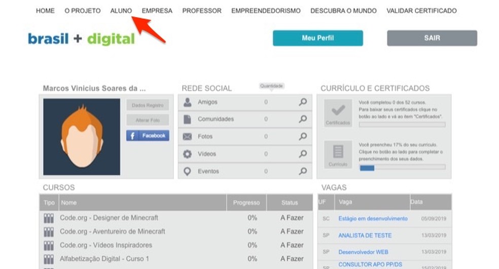 Ação para ver o andamento dos cursos e acessar os cursos inscritos no site Brasil Mais TI — Foto: Reprodução/Marvin Costa