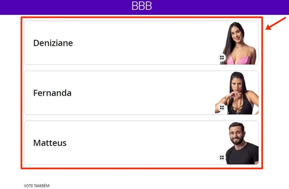 'Quem vai sair do BBB 24 nesta semana?' Fã precisa selecionar o emparedado que merece deixar a disputa pelo prêmio final do programa — Foto: Reprodução/Gabriela Andrade