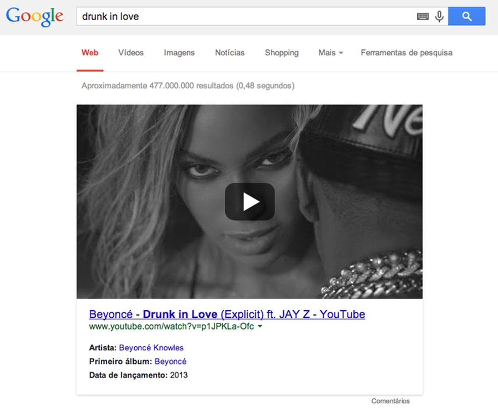 Busca por 'drunk in love' mostra em destaque vídeo da cantora Beyoncé Knowles (Foto: Reprodução/YouTube) — Foto: TechTudo