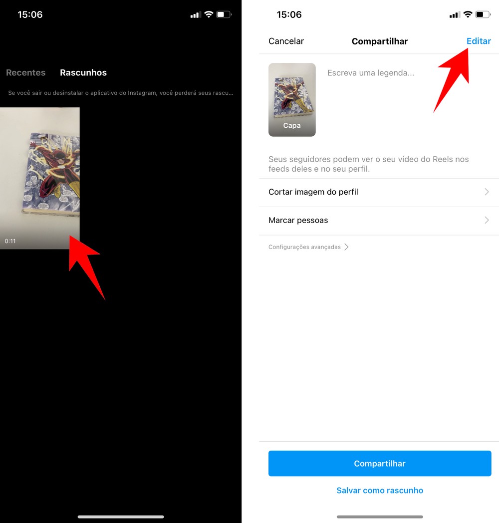 Como salvar rascunho do Instagram Reels