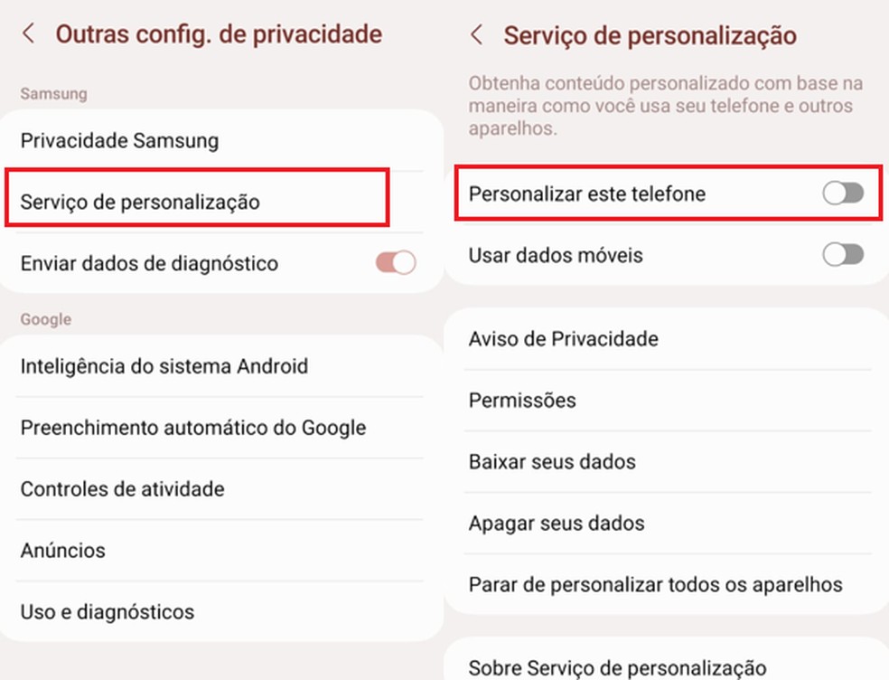 Segunda parte do passo a passo para desligar os anúncios personalizados de celulares Samsung — Foto: Reprodução/Thawane Maria
