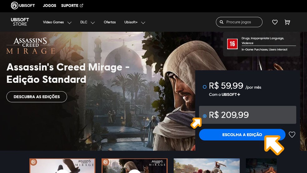 Na página de Assassin’s Creed Mirage na Ubisoft Store clique no preço do jogo, depois no botão "Escolha a Edição" — Foto: Reprodução/Rafael Monteiro