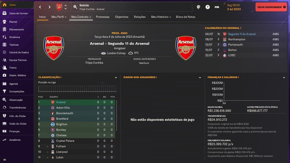 Faça o Arsenal voltar a ganhar titulos no Football Manager 2024 — Foto: Reprodução/Filipe Curitiba