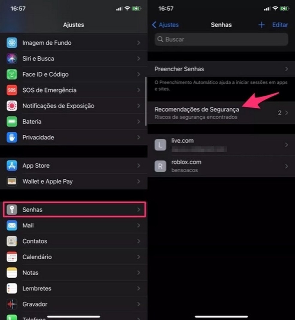 Ação mostra como acessar o recurso sobre vazamentos de senhas no iPhone — Foto: Reprodução/Marvin Costa