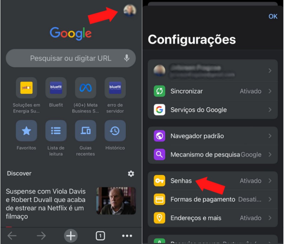 Senhas Google: como ver? Acesse as configurações do Google Chrome em iPhones  — Foto: Reprodução/Mariana Tralback