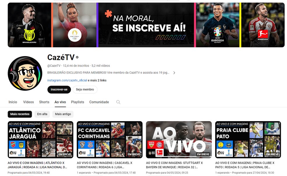 A CazéTV é uma das opções para você assistir jogos de futebol ao vivo grátis e outros esportes — Foto: Reprodução/Bruno Guerra