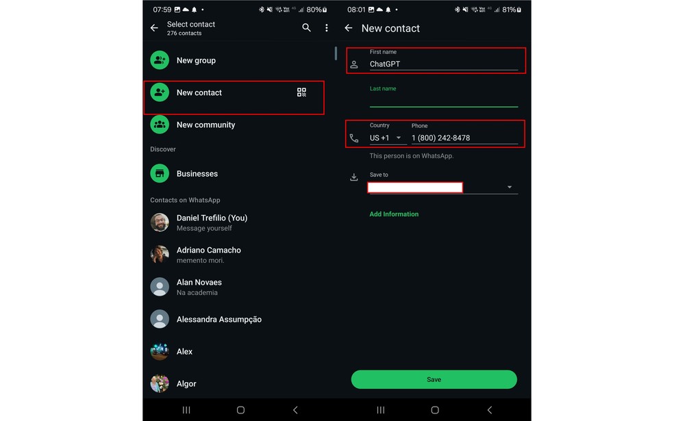 Em "Novo Contato", escolha o código de país +1, para os EUA, e preencha os campos para adicionar o ChatGPT no WhatsApp — Foto: Reprodução/Daniel Trefilio
