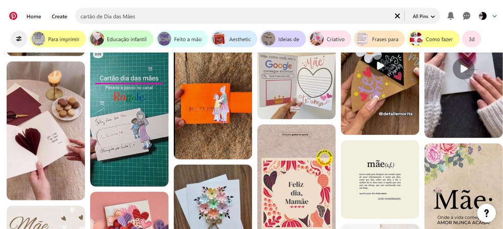 O Pinterest conta com diversas opções de cartões, além de tutorias para criá-los manualmente — Foto: Reprodução/Juliana Villarinho