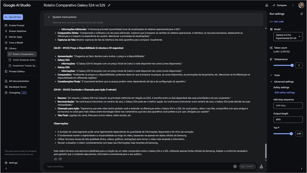  Reprodução/Google AI Studio