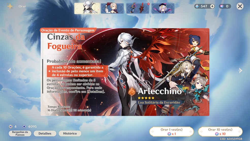 O banner de Arlecchino fica disponível por tempo limitado em Genshin Impact — Foto: Reprodução/Bruno Magalhães