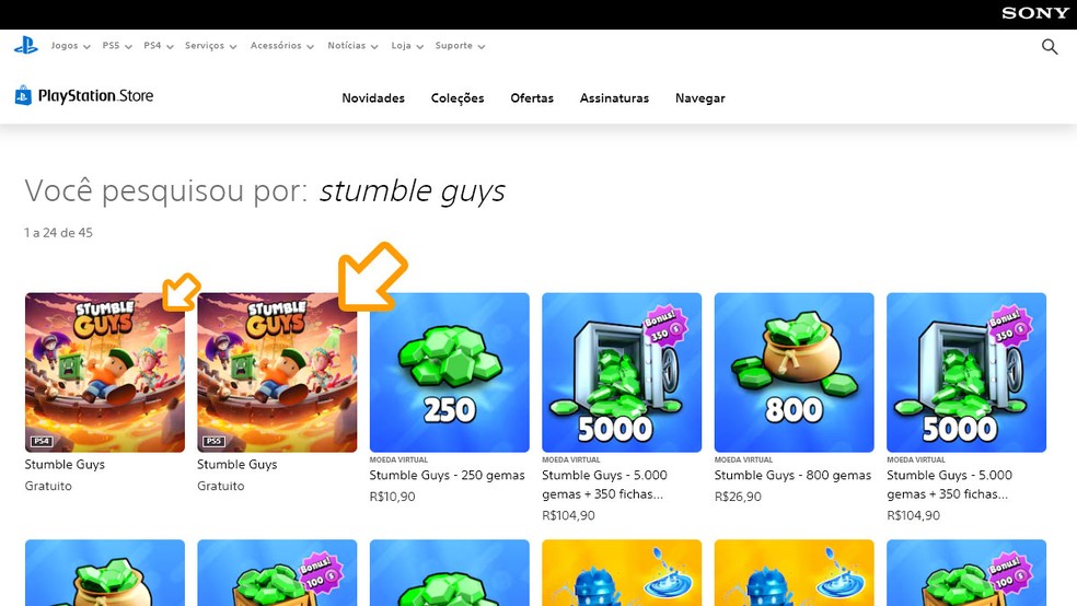 Entre os resultados escolha a versão de Stumble Guys para seu console desejado: PlayStation 5 ou PS4 — Foto: Reprodução/Rafael Monteiro