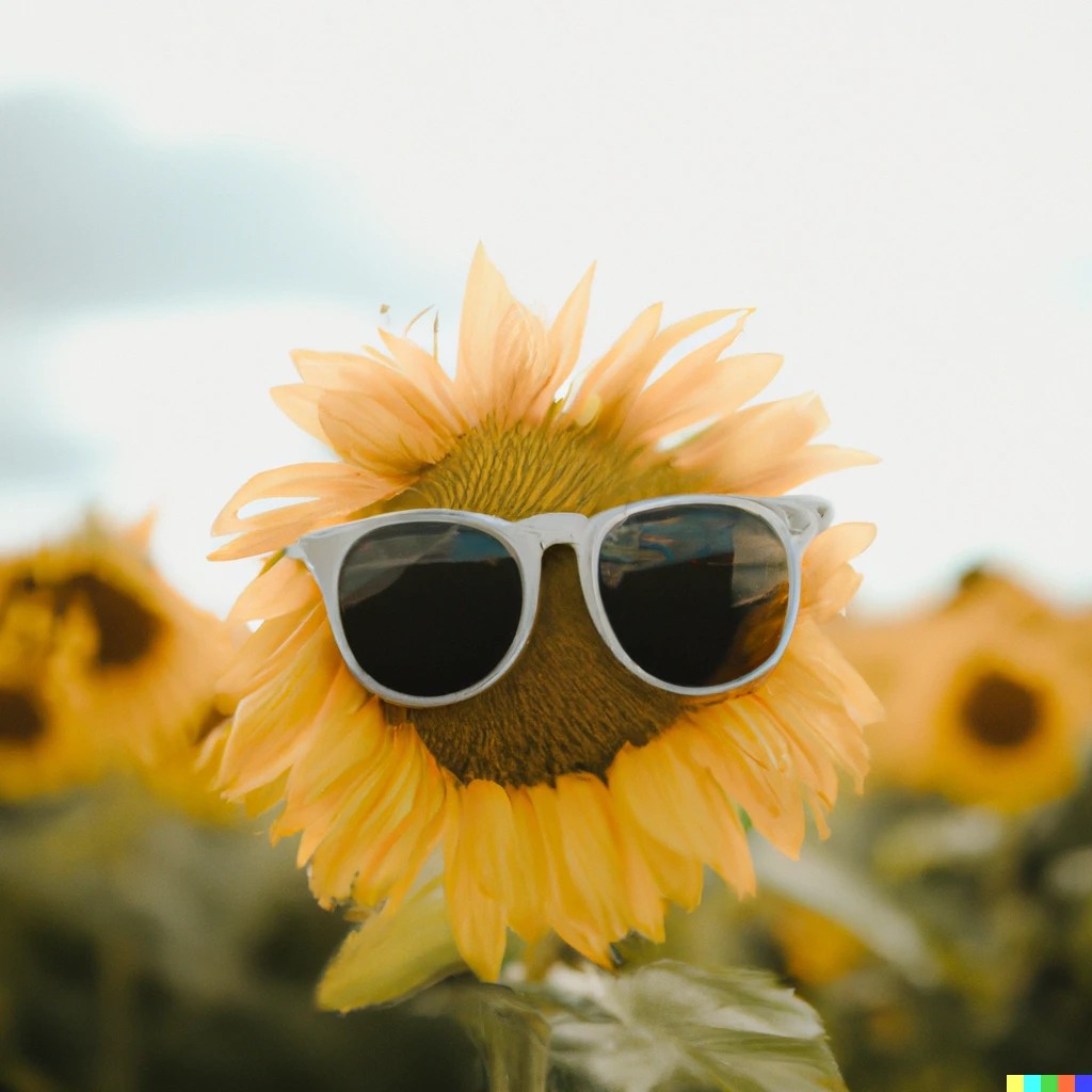 Uma fotografia de um girassol com óculos de sol no meio da flor em um campo em um dia ensolarado — Foto: Reprodução/Dall-E 2