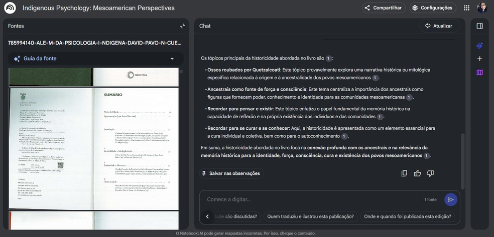 Resposta do NotebookLM ao comando "Quais são os tópicos principais da historicidade abordada?" — Foto: Reprodução/Gisele Veríssimo