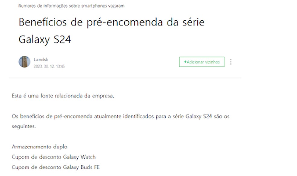 Possíveis beneficíos da compra em pré-venda do Galaxy S24 — Foto: Reprodução/Thawane Maria