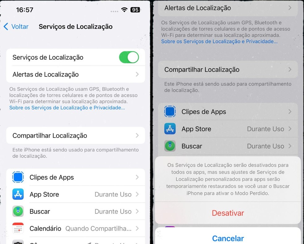 Desativação do serviço de localização do iPhone — Foto: Reprodução/Gisele Souza
