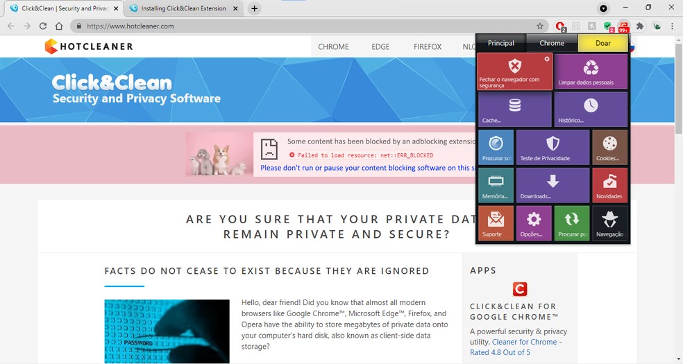 O Click&Clean oferece diversas opções para limpar o histórico de navegação — Foto: Reprodução/Lucas Santos