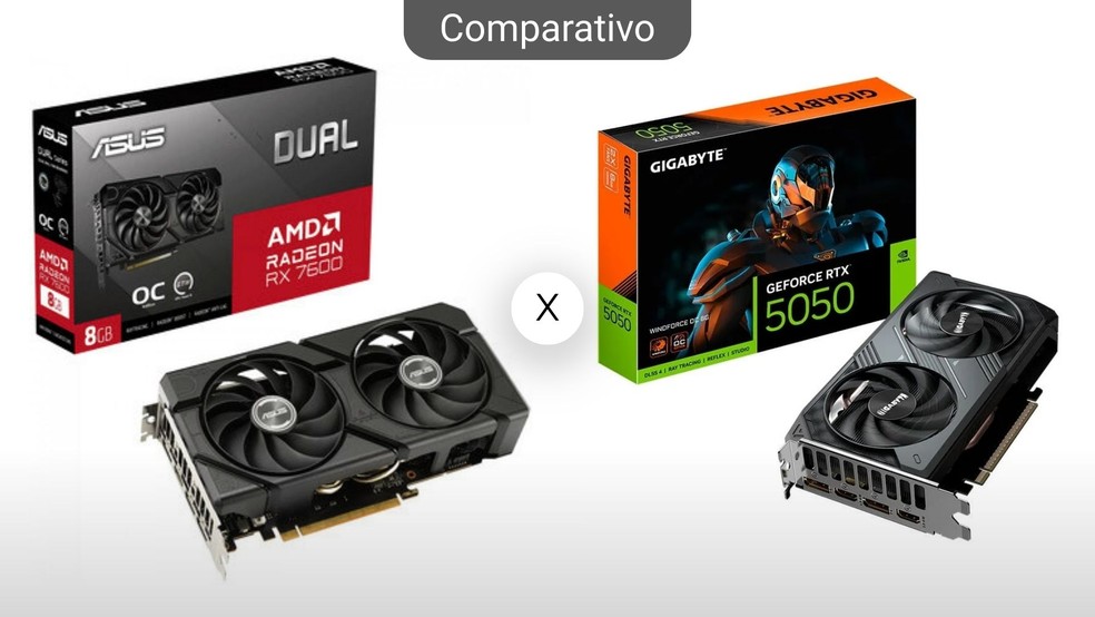  RX 7600 ou RTX 5050? Veja comparativo de GPUs da AMD e NVIDIA — Foto: Arte/TechTudo