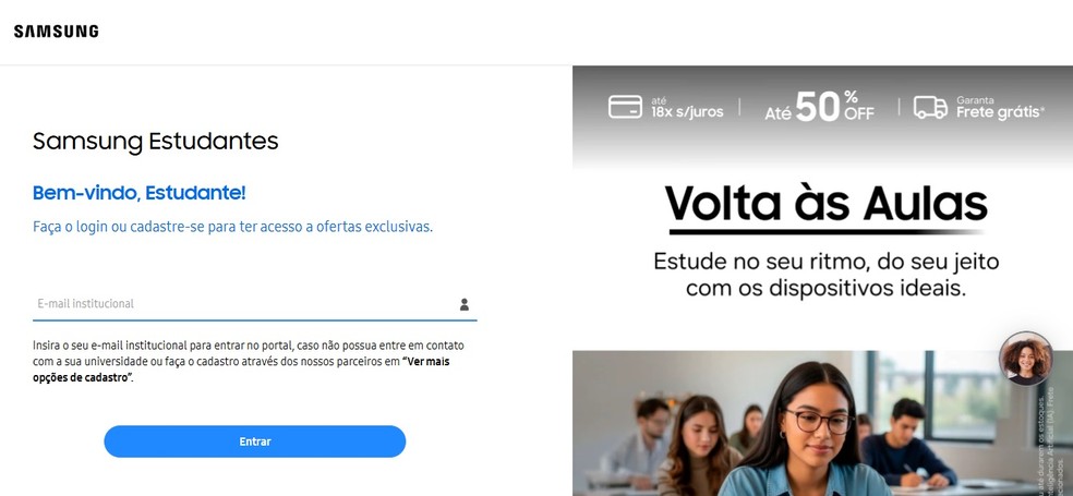 Os descontos costumam aparecer apenas após a validação do vínculo estudantil e o login na área exclusiva do programa educacional — Foto: Reprodução/Samsung Estudantes