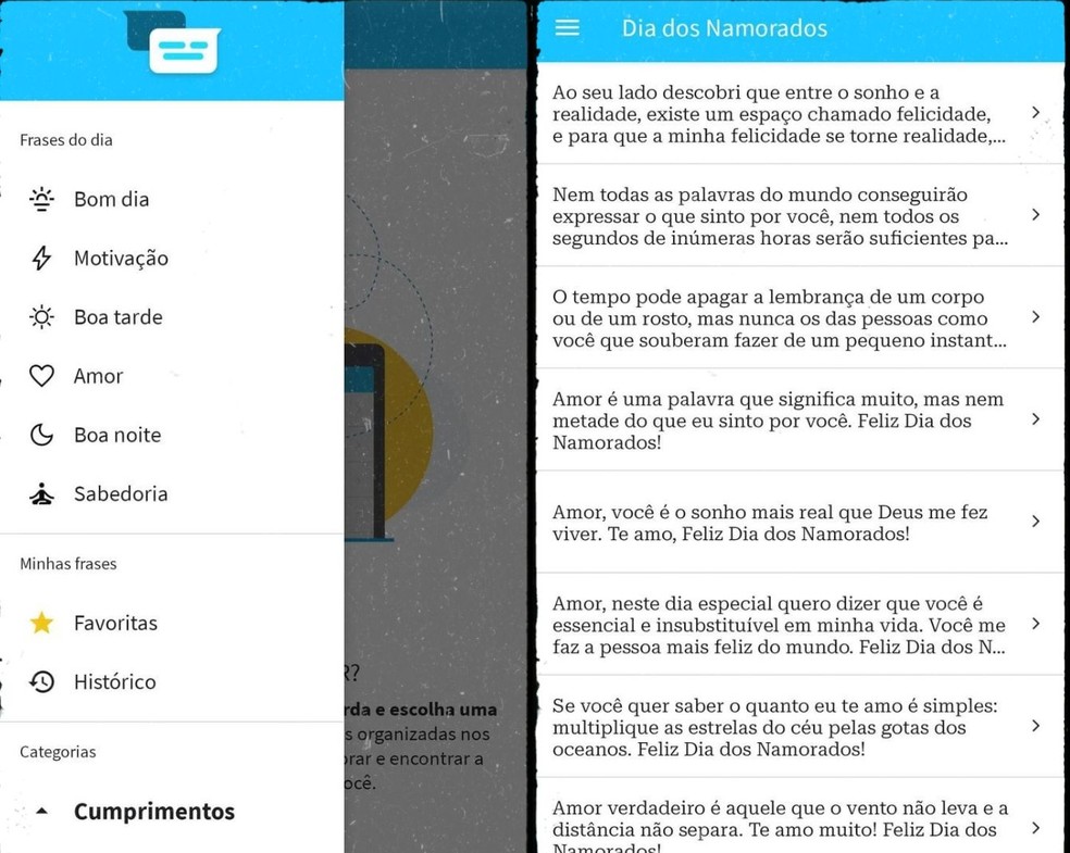 App Frases e Mensagens tem textos para envio pelo WhatsApp no Dia dos Namorados — Foto: Reprodução/Gisele Souza