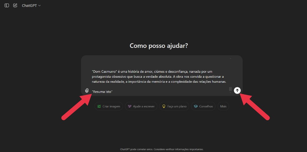 Escreva o comando pendido que o ChatGPT resuma o texto — Foto: Reprodução/ChatGPT