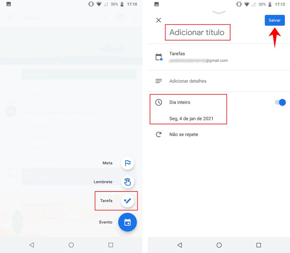 Adicionando uma nova tarefa ao Google Agenda — Foto: Reprodução/Rodrigo Fernandes