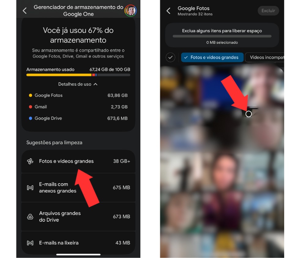 Nas aba “Sugestões para limpeza”, é possível conferir todos os arquivos grande que estão salvos na nuvem — Foto: Reprodução/Mariana Tralback