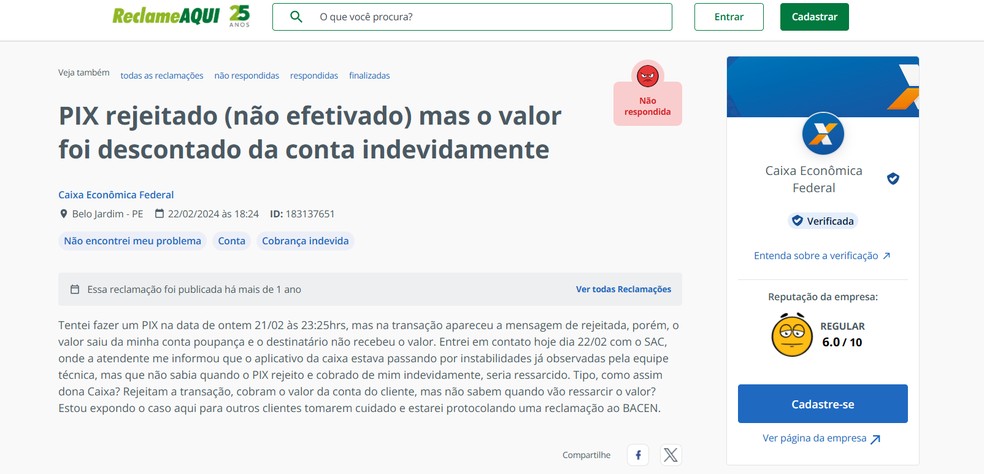 Pix fora do ar hoje? Caixa mostra 'pix rejeitado' mesmo com valor enviado