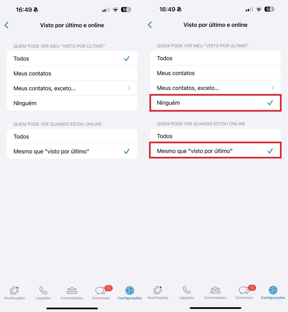 Para tirar o "online" do WhatsApp, é preciso desativar o "Visto por último" — Foto: Reprodução/Clara Fabro