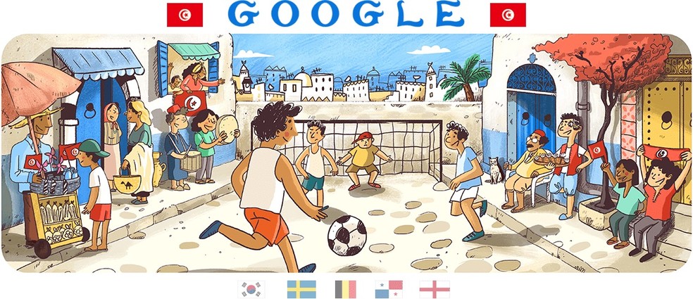 Crianças jogam futebol na rua em Doodle da Tunísia — Foto: Reprodução/Google