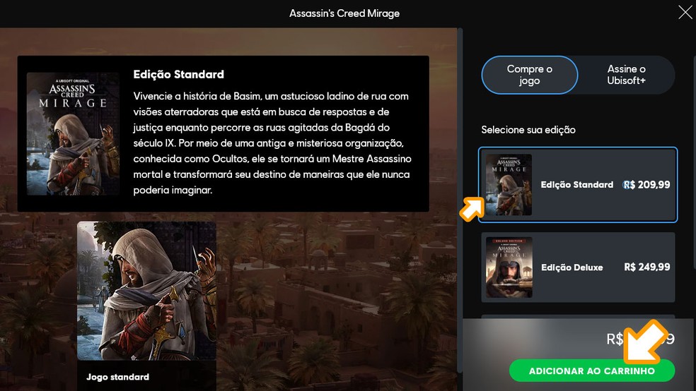 Escolha qual edição do game deseja: Standard(padrão) ou Deluxe, clique em "Adicionar ao carrinho" e complete a compra do jogo para poder baixá-lo em seu PC — Foto: Reprodução/Rafael Monteiro